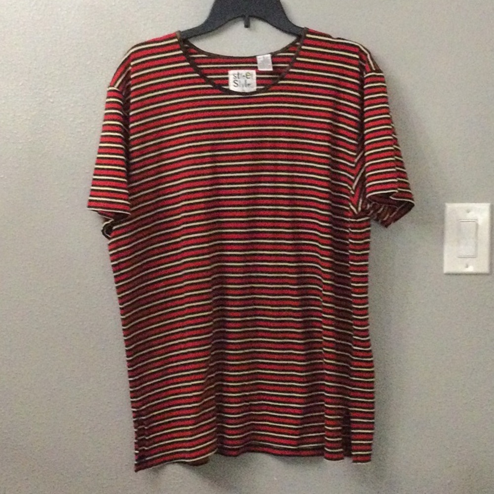 Red black white and gold striped tee